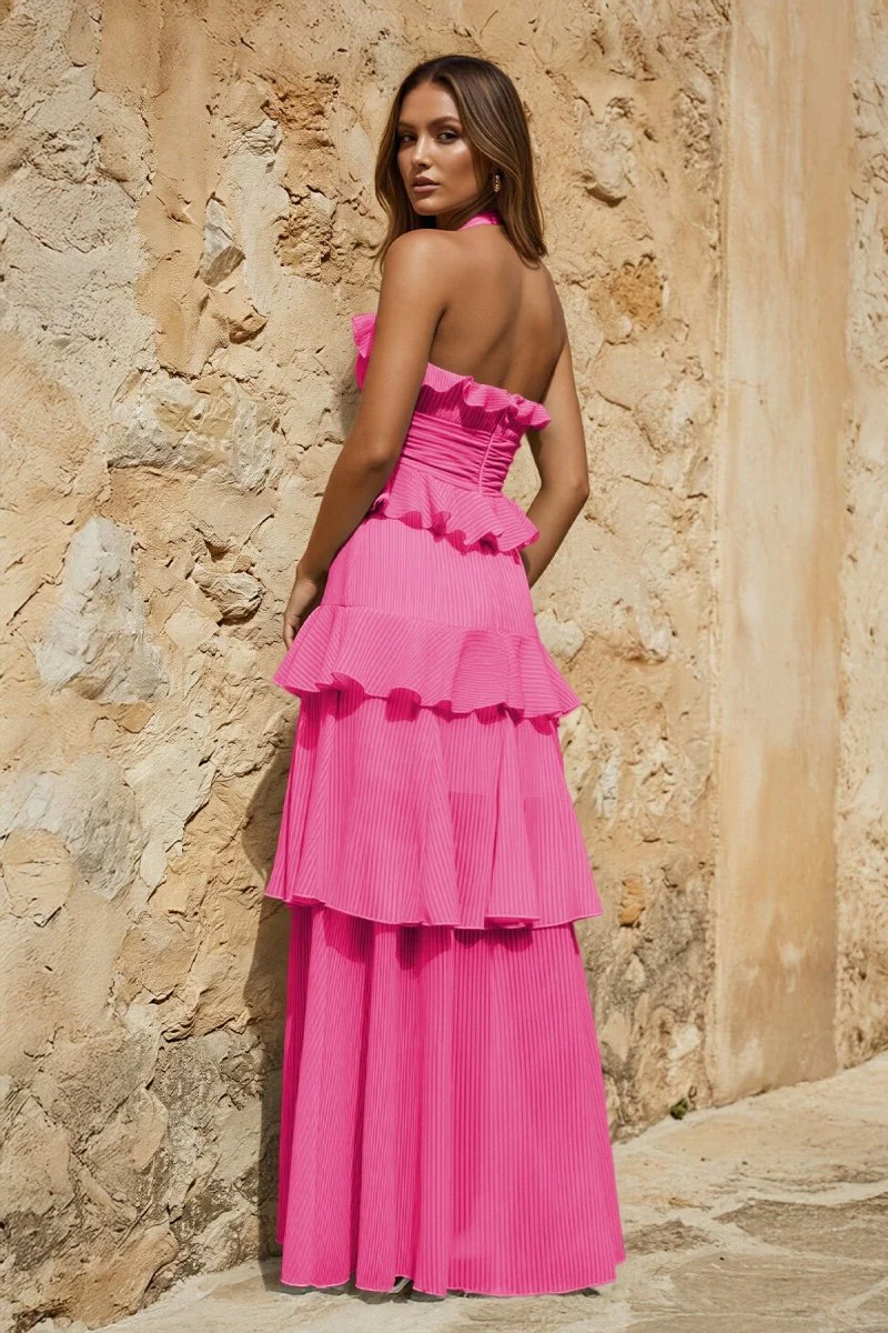 Sky Blue Halter Sheath Pleated Chiffon Long Prom Dresses With Ruffles