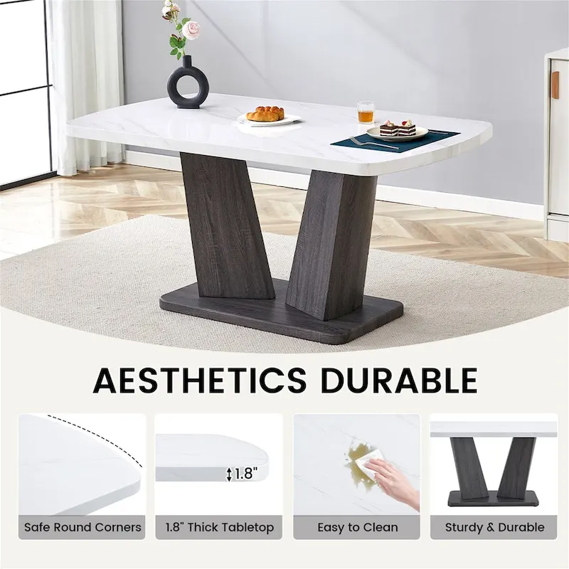 Merax Modern Dining Table with V-Shape MDF Base/ Linen Tufted Dining Room Chairs Set of 6