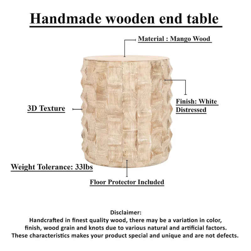 20 Inch Side End Table, Round Drum Shape with 3D Textured Design, Distressed White Finish