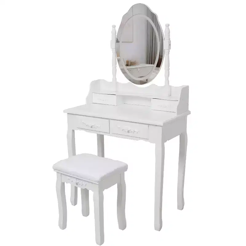 Modern Makeup Vanity Desk with Mirror and Lights, 4 Drawers, Matching Stool for Girls' Rooms, White Finish, Dimmable Lighting