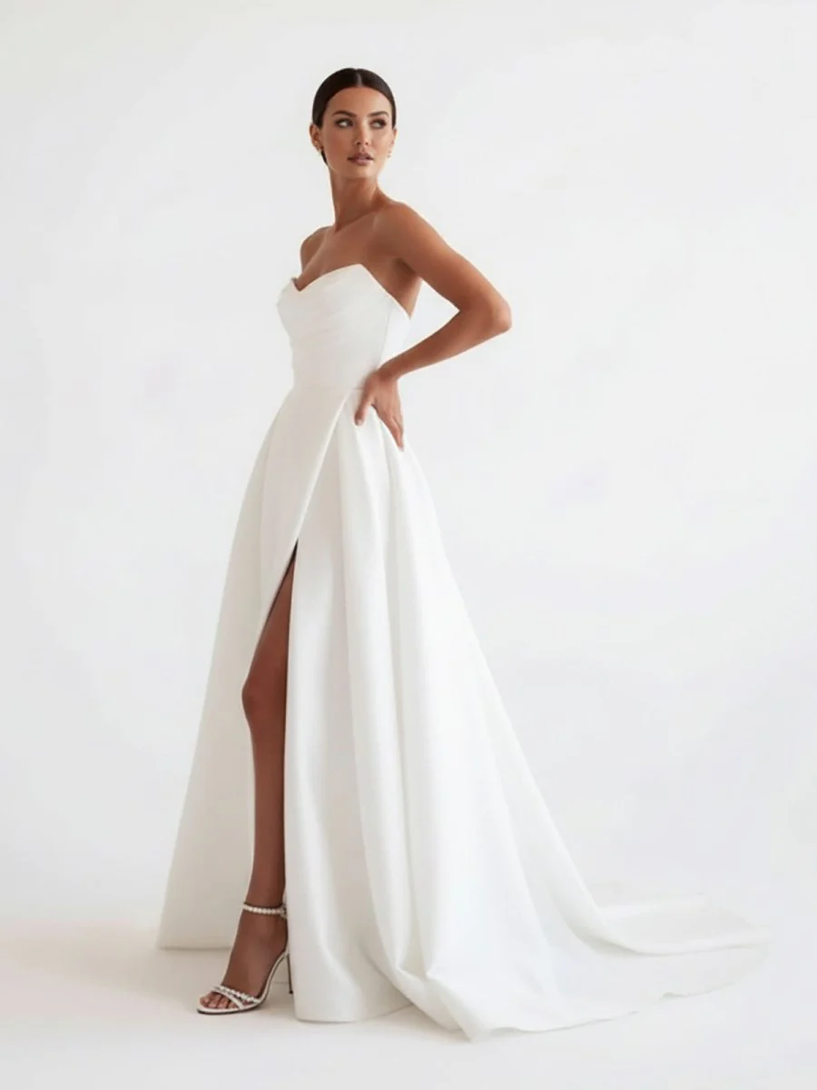 A-Line White Sleeveless Satin Wedding Dress With Side Slit