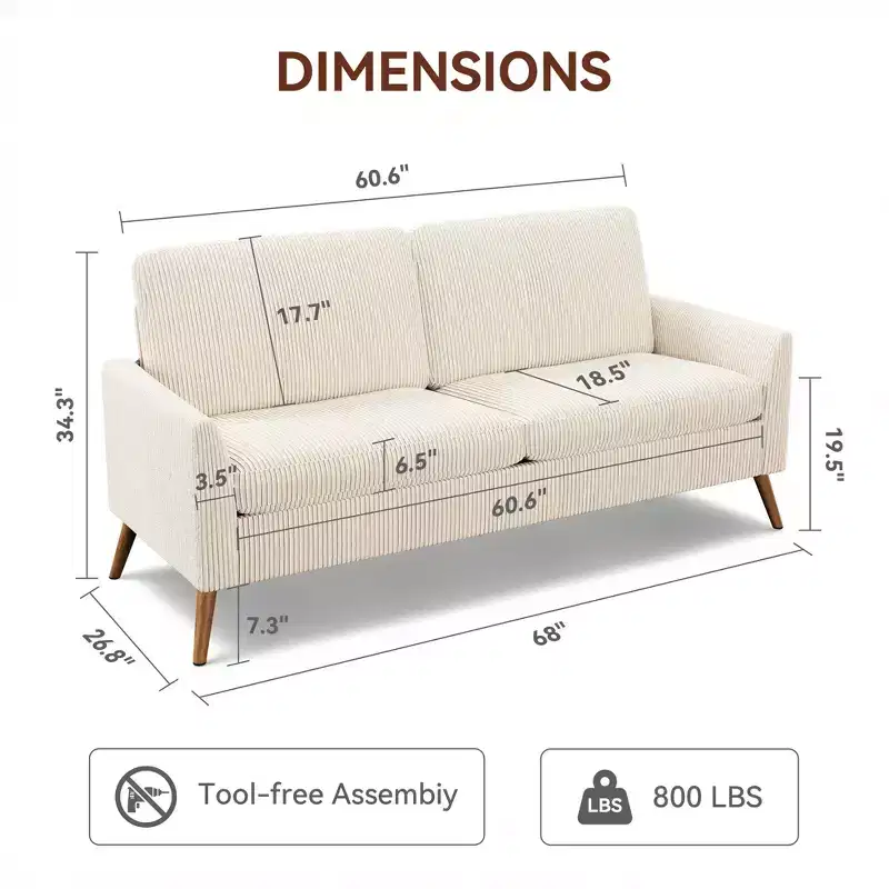 Dyonery 68 Corduroy Loveseat Sofa with Spring Cushions Solid Wood Frame Deep Seat for Living Room Bedroom