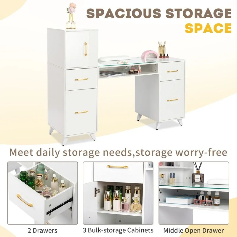 Embossed Particle Board Tempered Glass 55 W Manicure Table