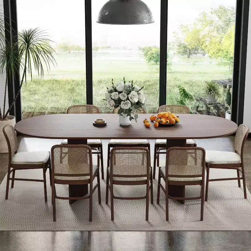 PexFix 79 x 33.5 Solid Wood Farmhouse Dining Table with V-Shaped Legs and Oval Wood Top for Modern Dining Rooms & Family Gatherings Walnut