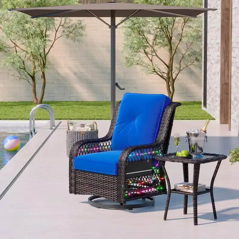 2-Piece LED Lighting Swivel Wicker Rattan Outdoor Rocking Chair and Side Table(Single Seat)