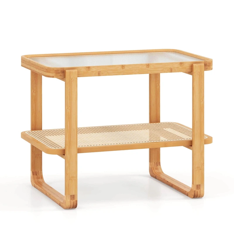 Bamboo Side Table with Rattan Shelf Glass Top Nightstand End Table
