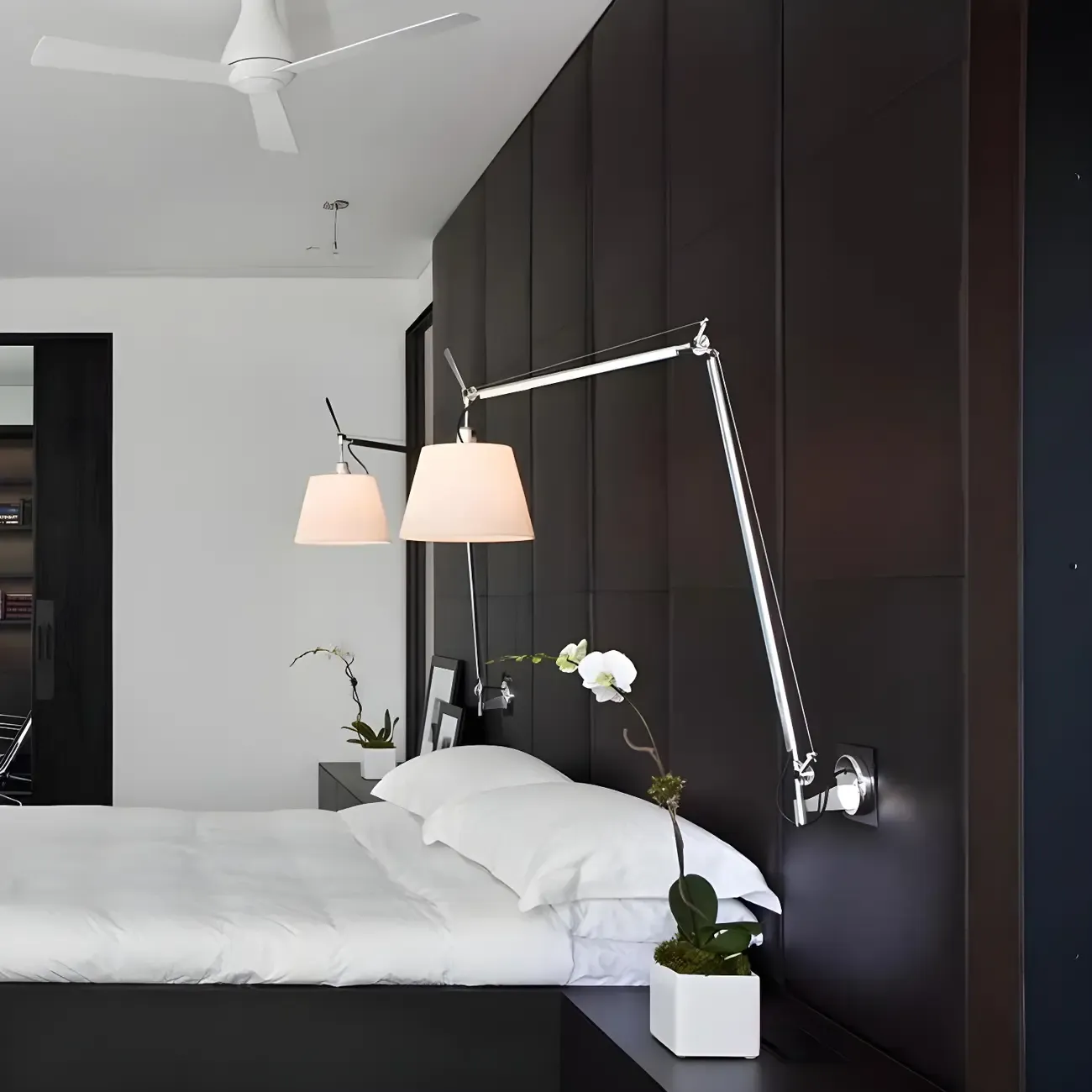 Industrial Silver Swing Arm Wall Light with White Fabric Shade