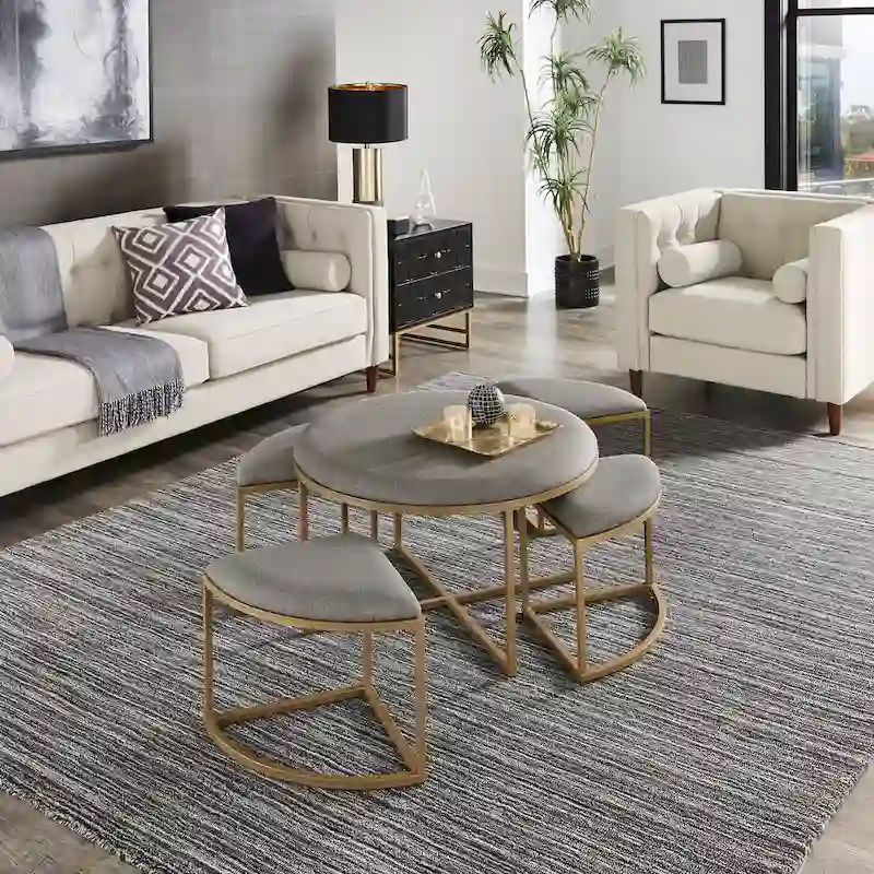 Gold Round Coffee Table with 4 Nesting Stools Set