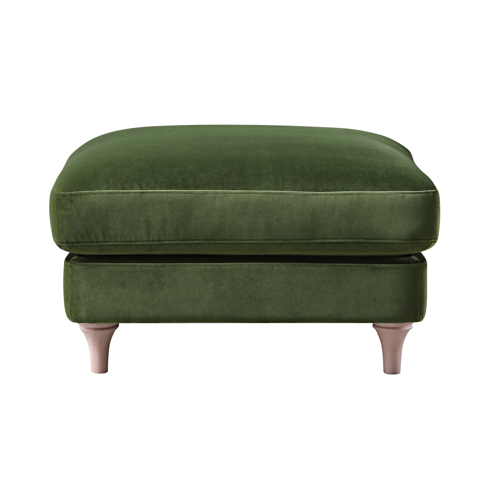 Traditional English Footstool - Fern Green Velvet, Washed Wood Legs, Padded Seat, 31.5