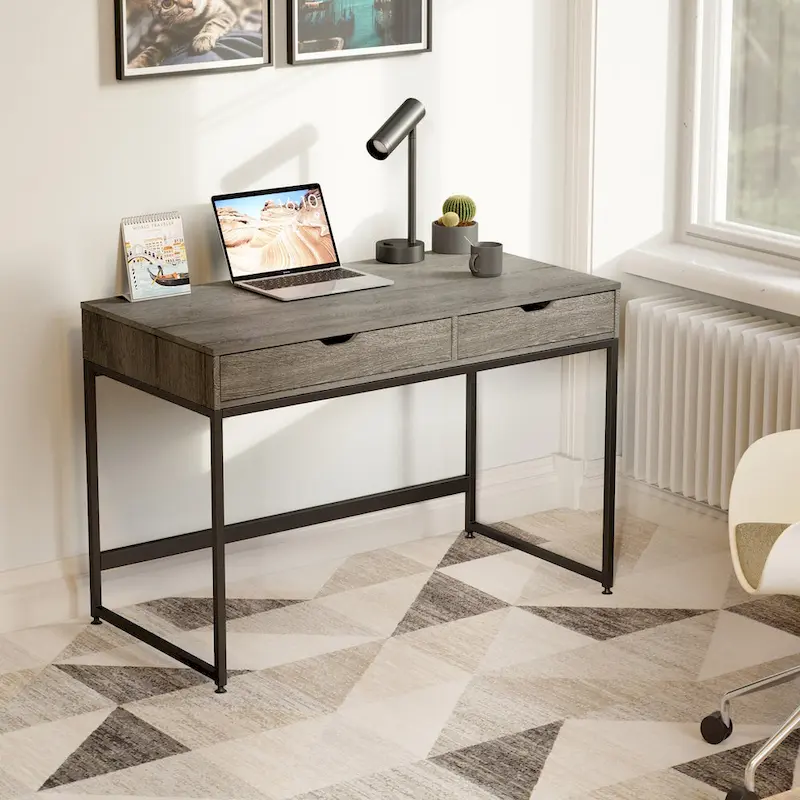 43 Modern Writing Desk with 2 Drawers - Industrial Computer Desk, Steel Frame, Adjustable Feet, Home Office Workstation