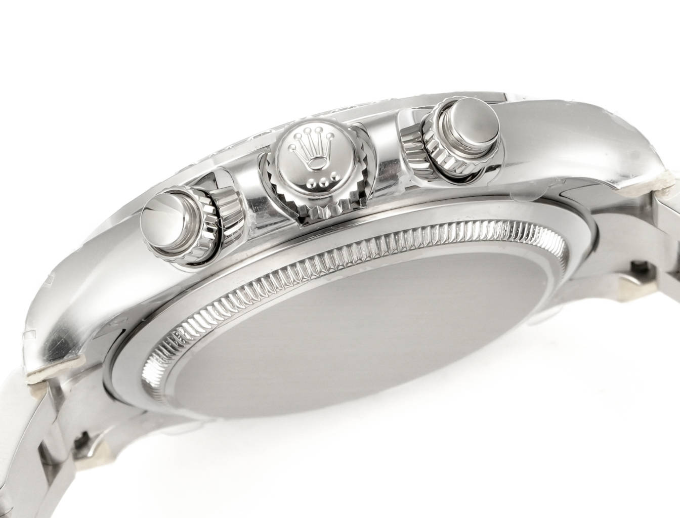 Replica Rolex Daytona side view showing crown and chronograph pushers