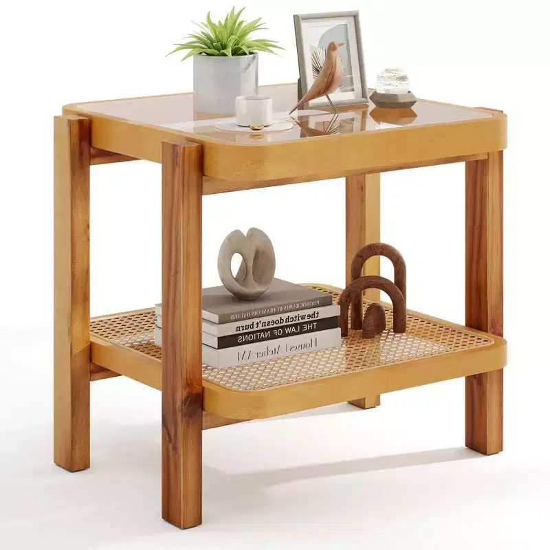 Costway 1/2 PCS End Table with Tempered Glass Top Acacia Wood Legs Rattan Storage Shelf