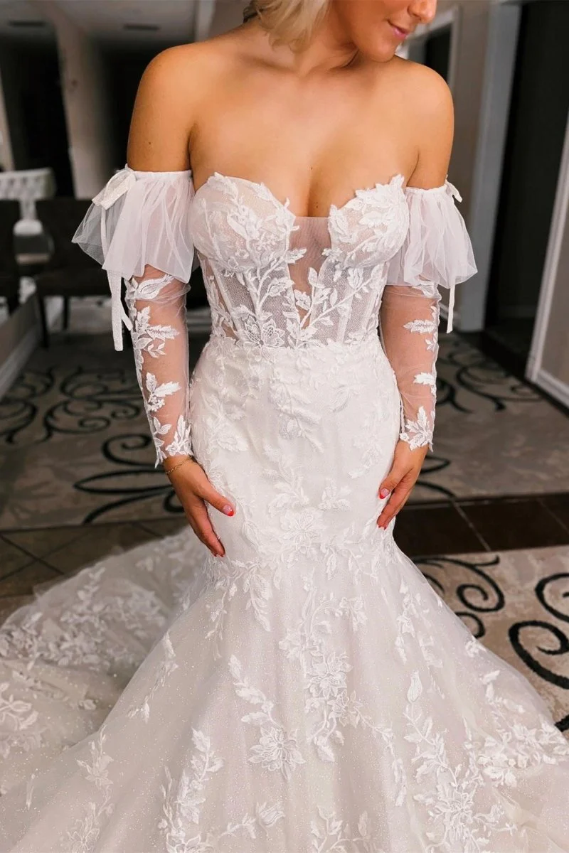 White Floral Lace Sweetheart Mermaid Wedding Dress with Detachable Sleeves