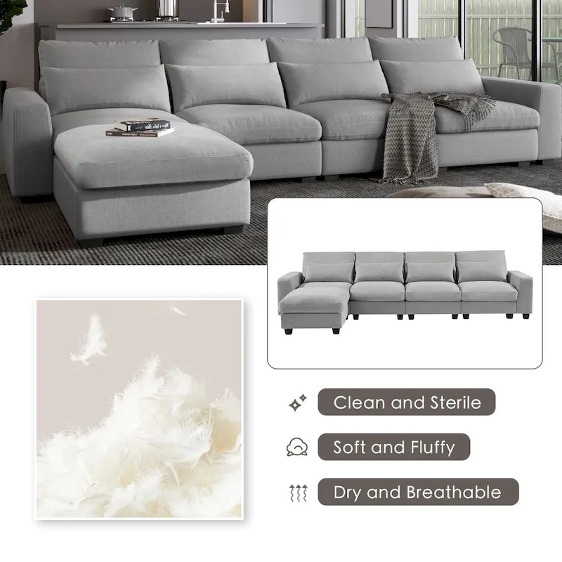 Modern Convertible L-Shaped Linen Feather Filled Reversible Sectional Sofa