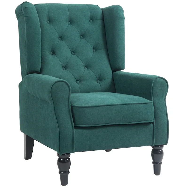 Dark Green High Wingback Button-Tufted Fabric Accent Chair – Single