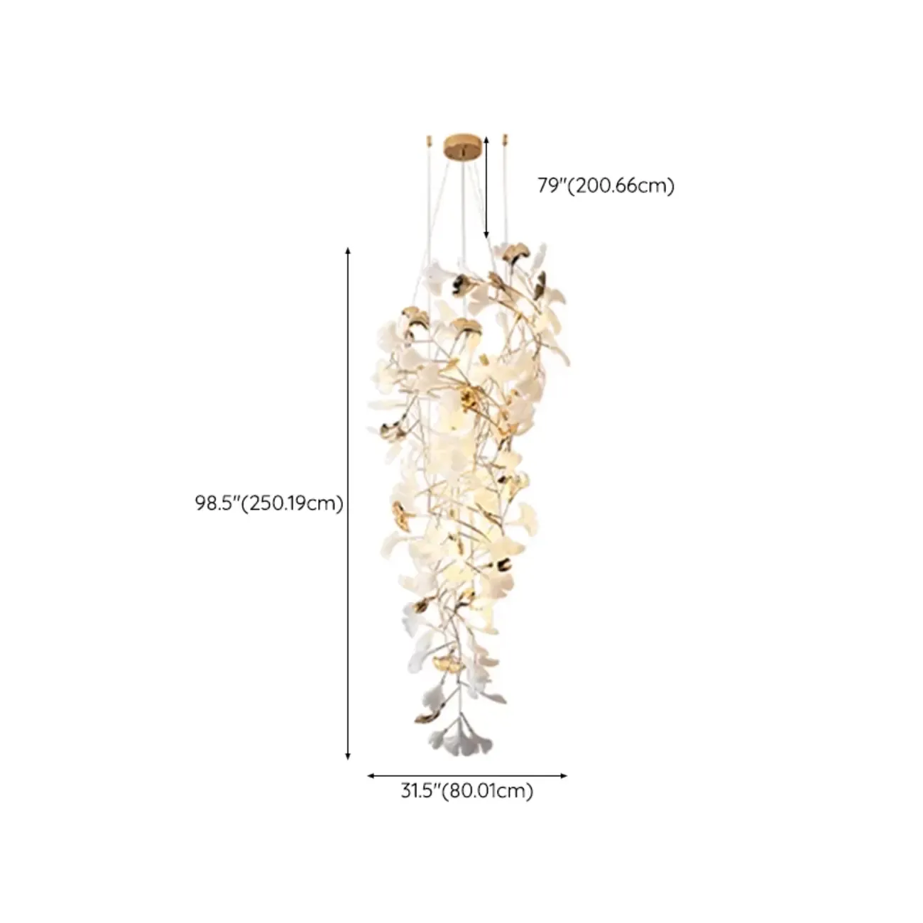 Elegant White Ginkgo Leaf Golden Stairwell Chandelier