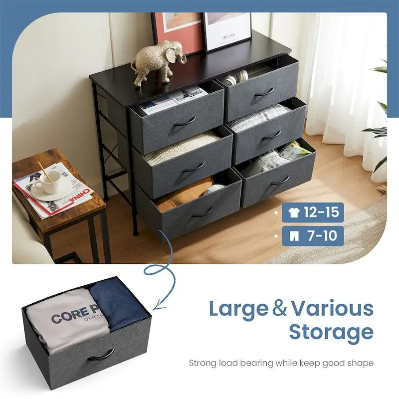 6 Drawers Dresser Chest with Metal Frame and Wooden Top