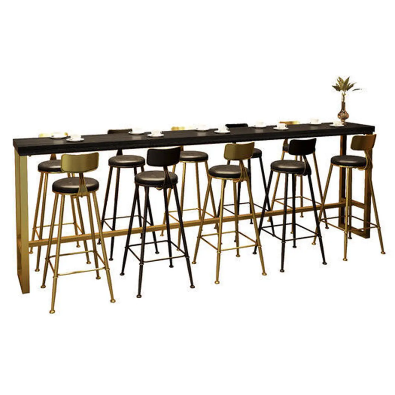 Luxurious Midnight Black Wood Gold Metal Leg Rest Bar Tables