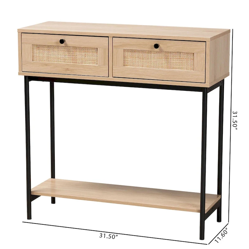 Sherwin Mid-Century Modern Light Brown and Black 2-Drawer Console Table with Woven Rattan Accent