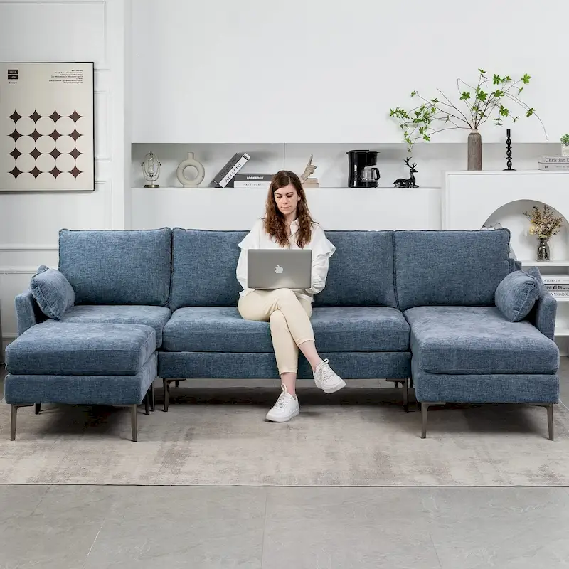 U-Shaped 6-Seat Sectional Sofa, Reversible Sleeper in Modern Chenille Design, with Chaise Lounge and Ottoman