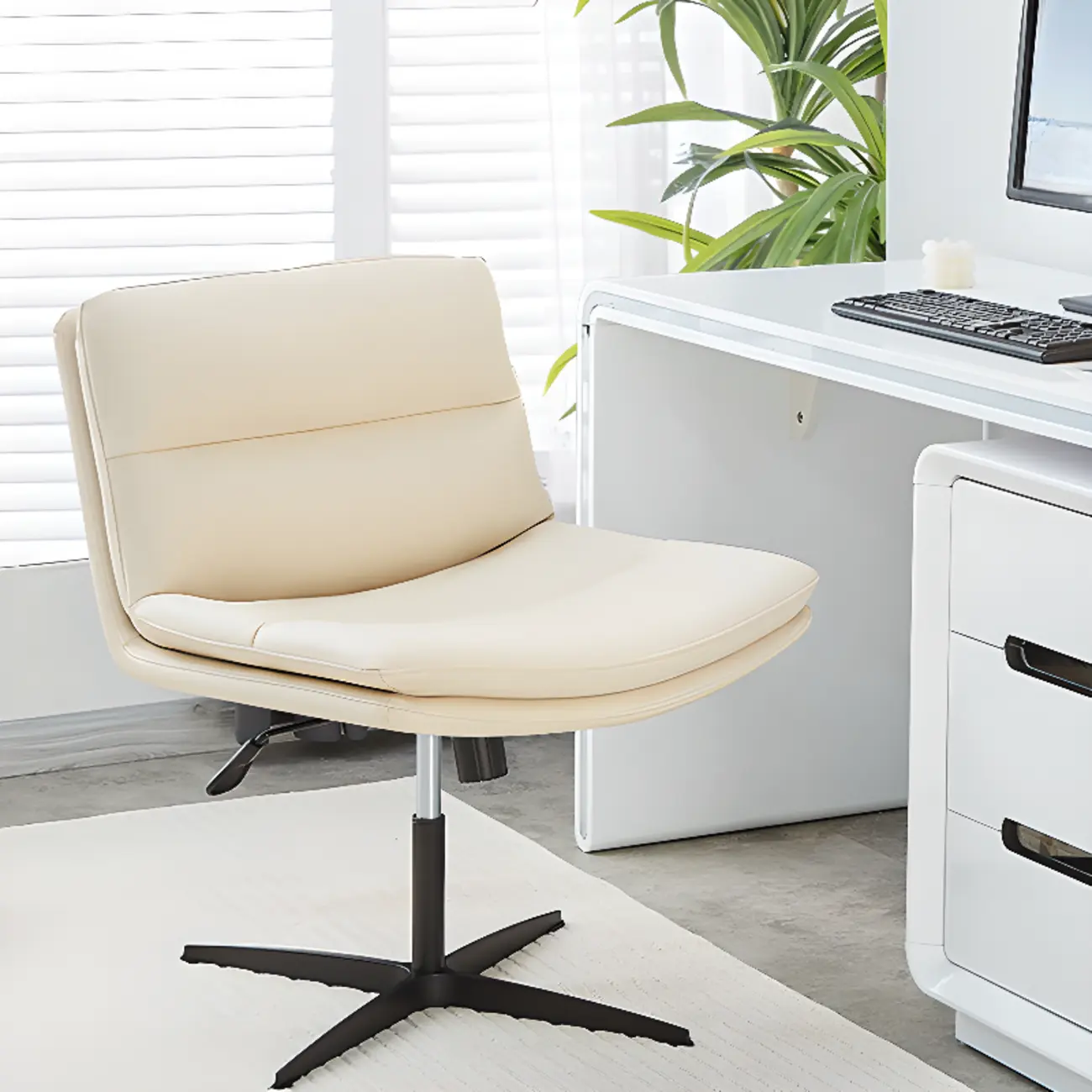 Beige Leather Armless Swivel Wide Office Chair