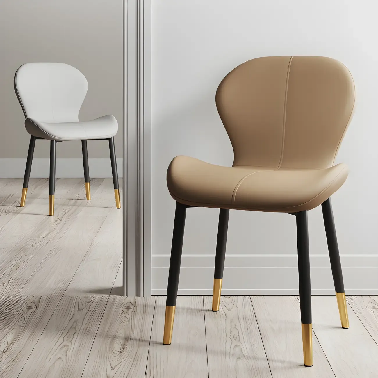 Art Deco Curved Back Leather Dining Chair Solid Back