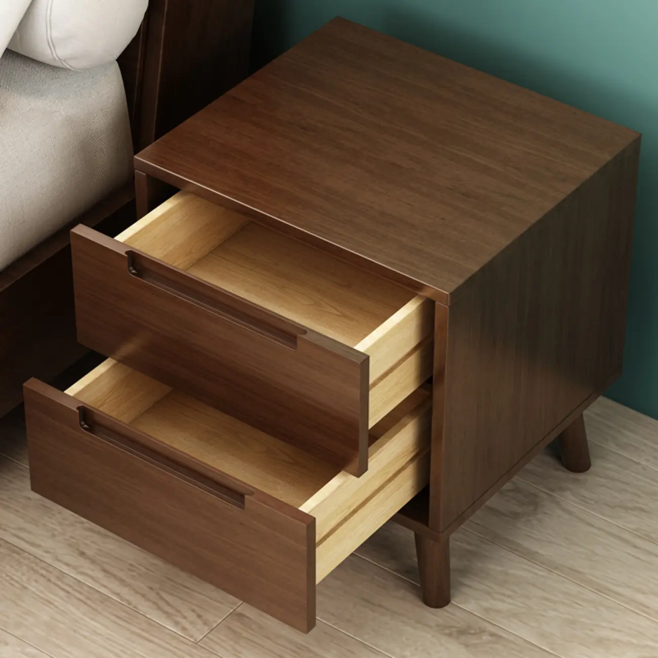 Narrow Solid Wood Bedside 2 Drawers Nightstand in Natural