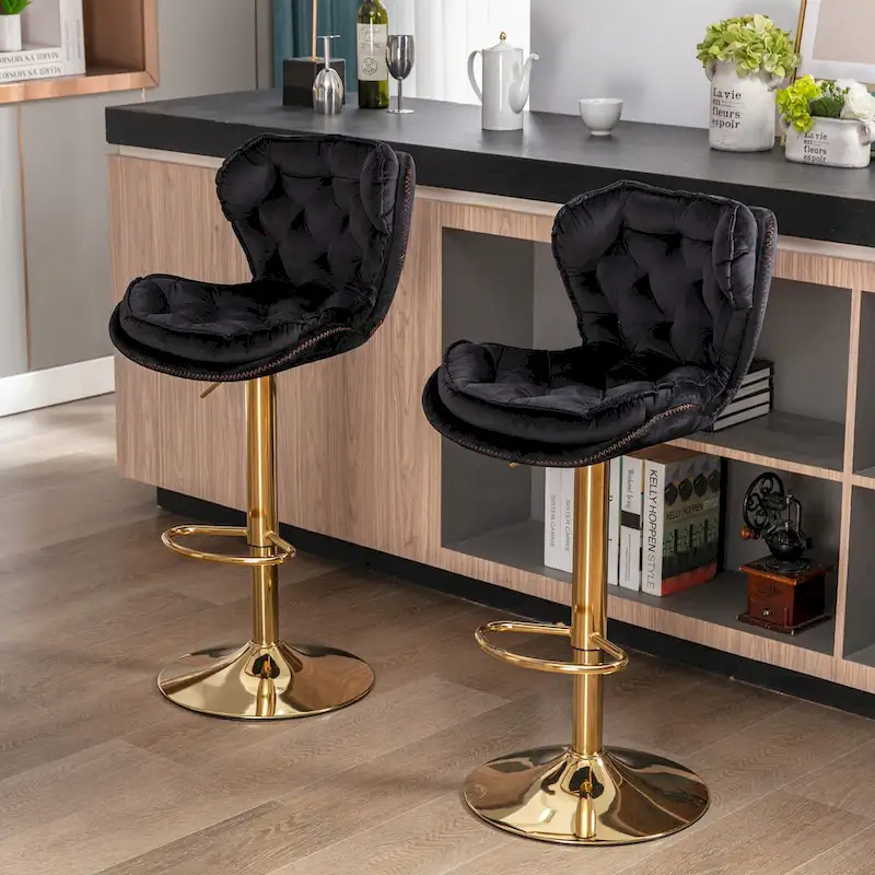 Set of 2 Upholstered Aremless Adjustable Height Bar Stools with Footrest