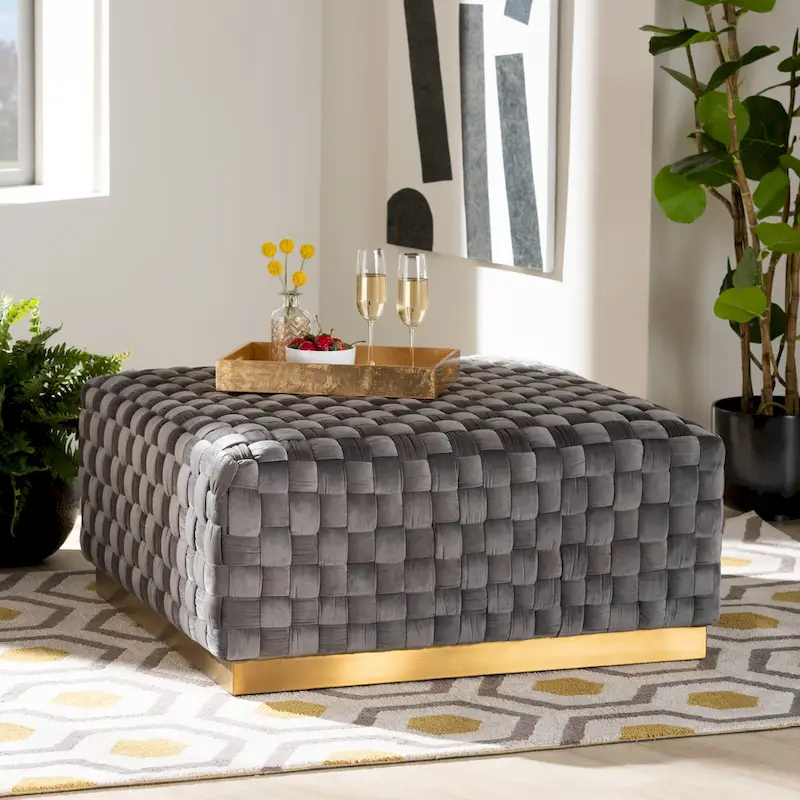 Grey Velvet Square Cocktail Ottoman with Gold Base