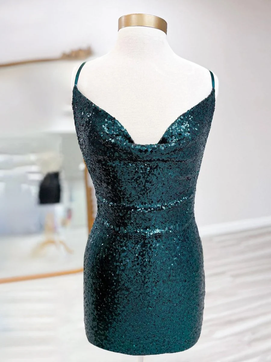 Dark Green - Spaghetti Straps Sequins Sheath Short Homecoming Dress