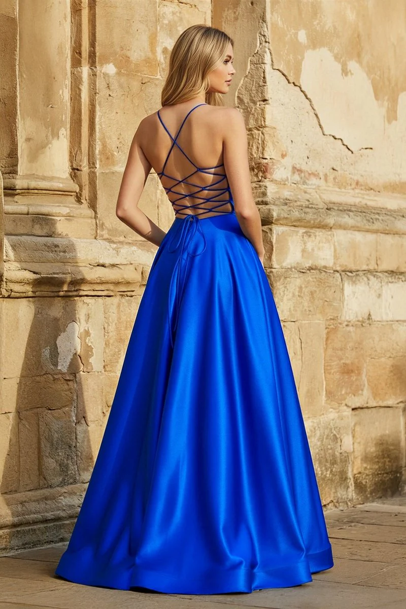A Line Royal Blue V Neck Satin Prom Dress With Pockets