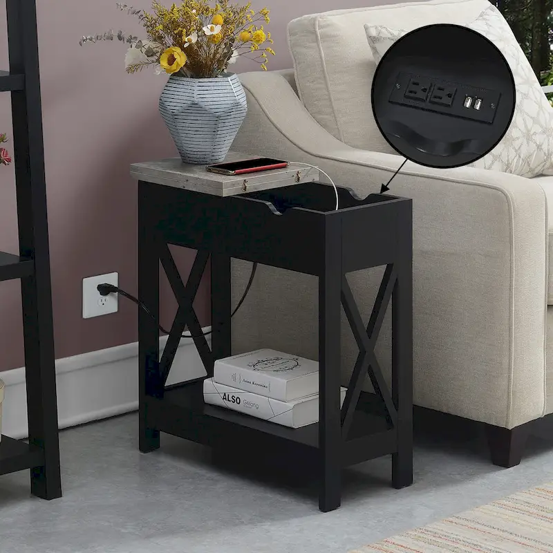 Flip-Top End Table with Built-In Charging Station and Lower Shelf