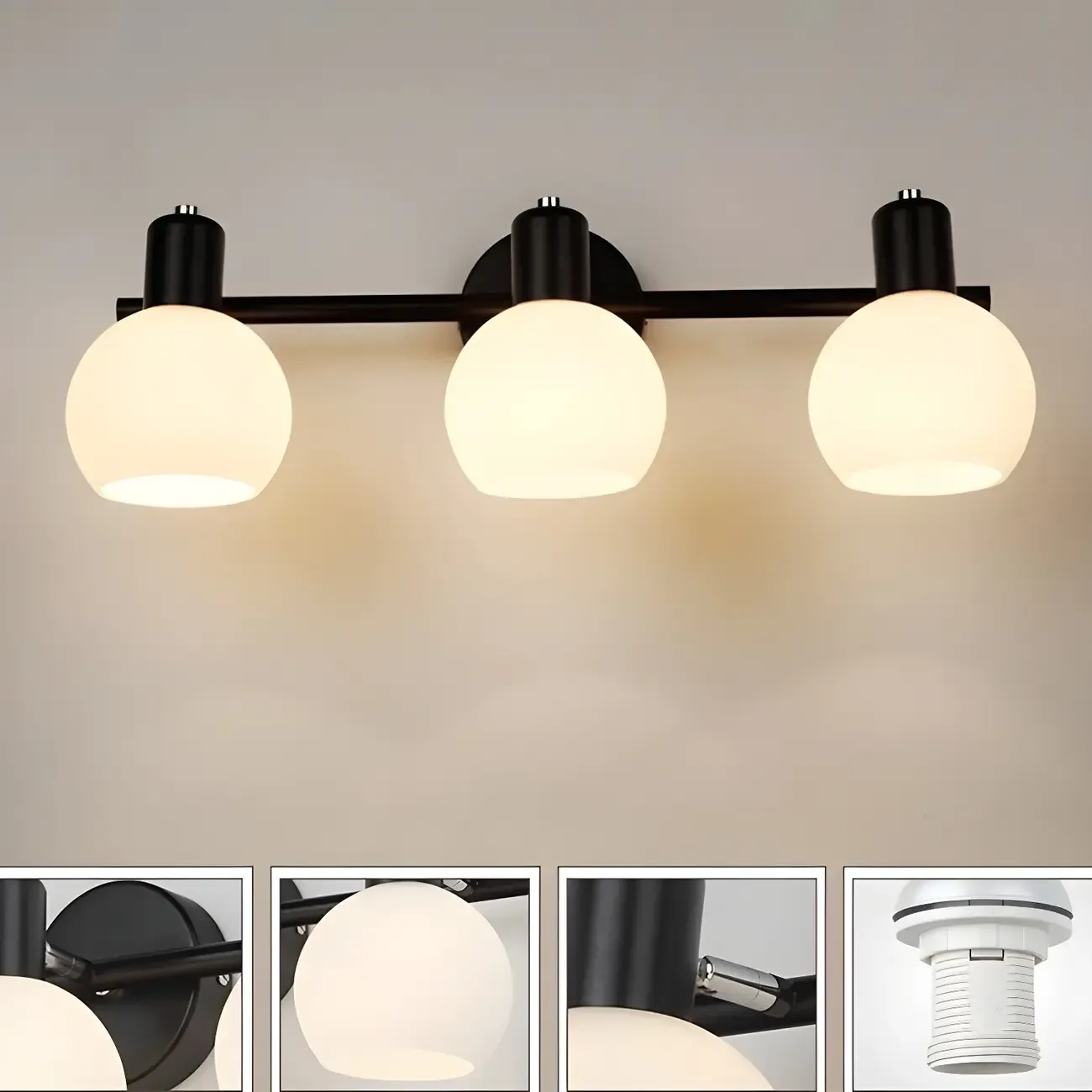 Modern 3 Heads Black Vanity Lights with White Glass Shade