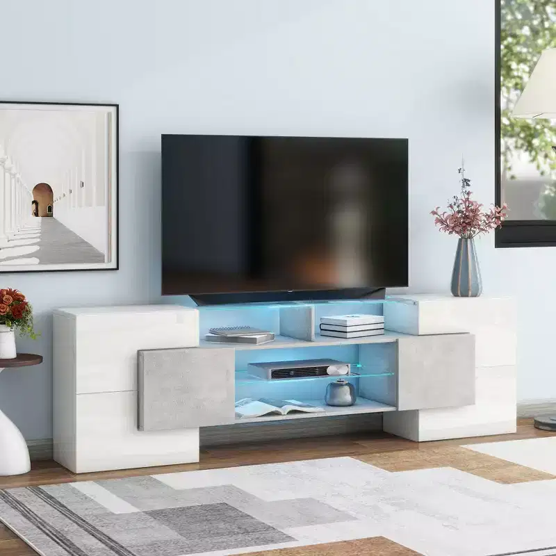 Whisen 88 High Gloss TV Stand with 2 Illuminated Glass Shelves, Unique Shape Entertainment Center with LED Color Changing Lights - Gray