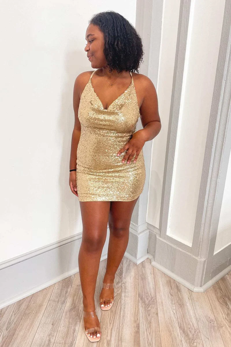 Cowl Neck Emerald Green Sequin Mini Homecoming Dress