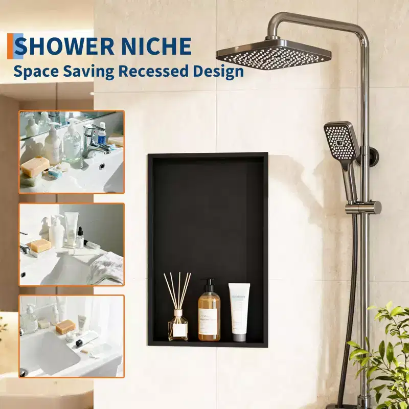Modern Matte Black Stainless Steel Shower Niche 24x12  Recessed Single Tier Wall Shelf, No-Tile Install  Bathroom Storage  Matte Black