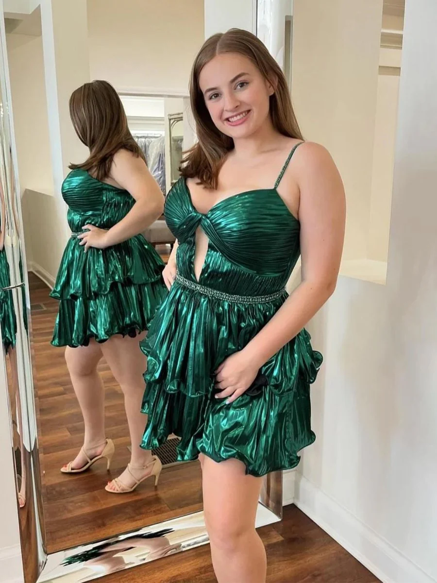 Green - A Line Metallic Tiered Ruffles Cut Out Short Homecoming Dresses