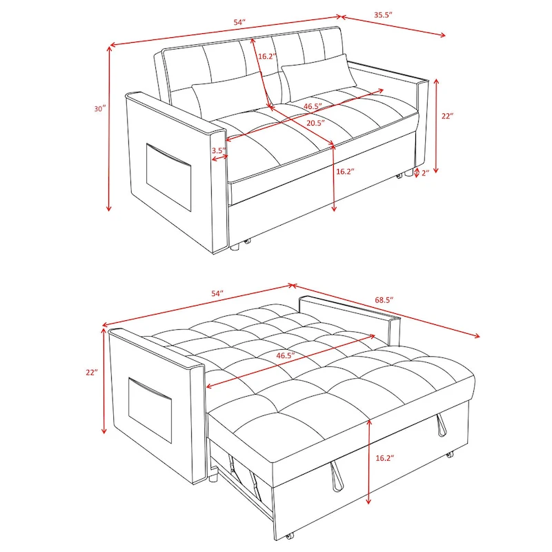 Modern Convertible Futon Sofa Bed,Adjustable Backrest,Armrest Holders