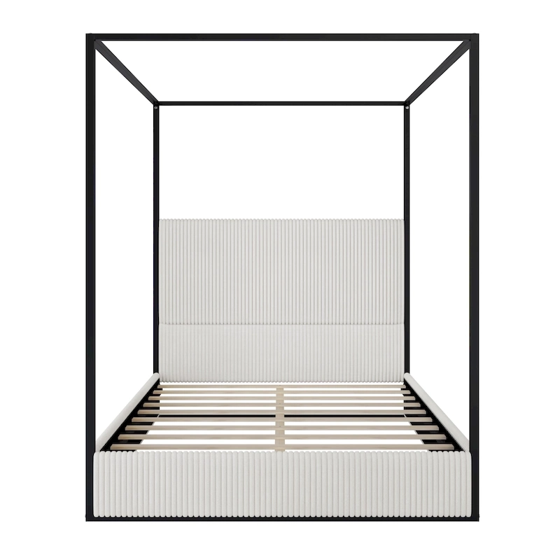 Modern Luxury Metal Canopy Bed with Tall Upholstered Headboard & Four Poster