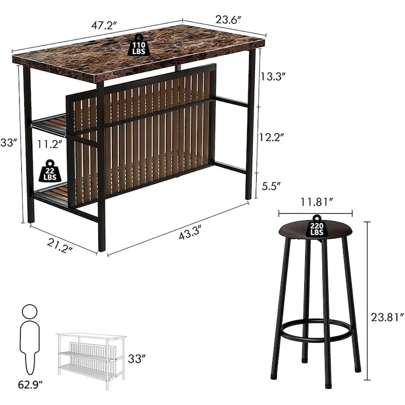 Mieres Kitchen Island with 2 Stools and Open Shelves