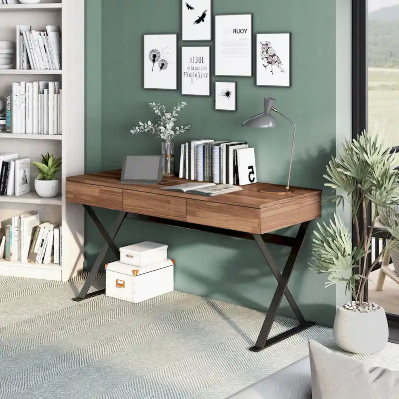 Industrial Black 59-inch Metal Computer Desk with USB Port and 3 Drawers