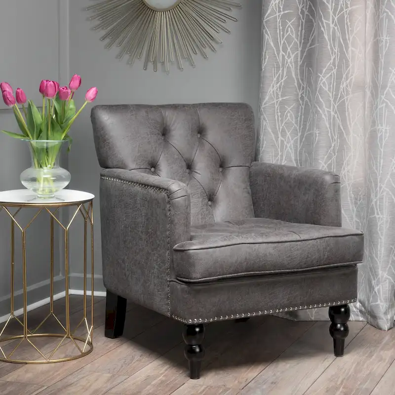 Button Tufted Club Chair with Nailhead Trim – Slate, 28