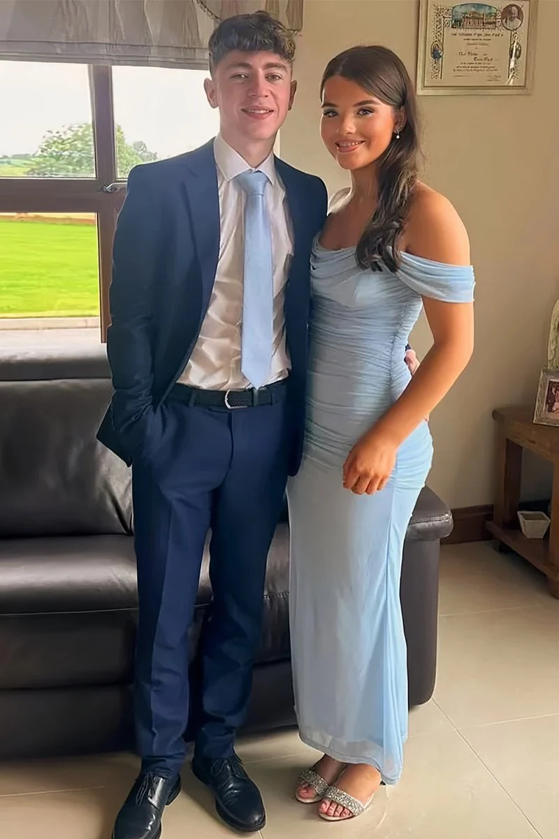 Blue - Sheath Off-Shoulder Tulle Pleated Long Prom Dresses