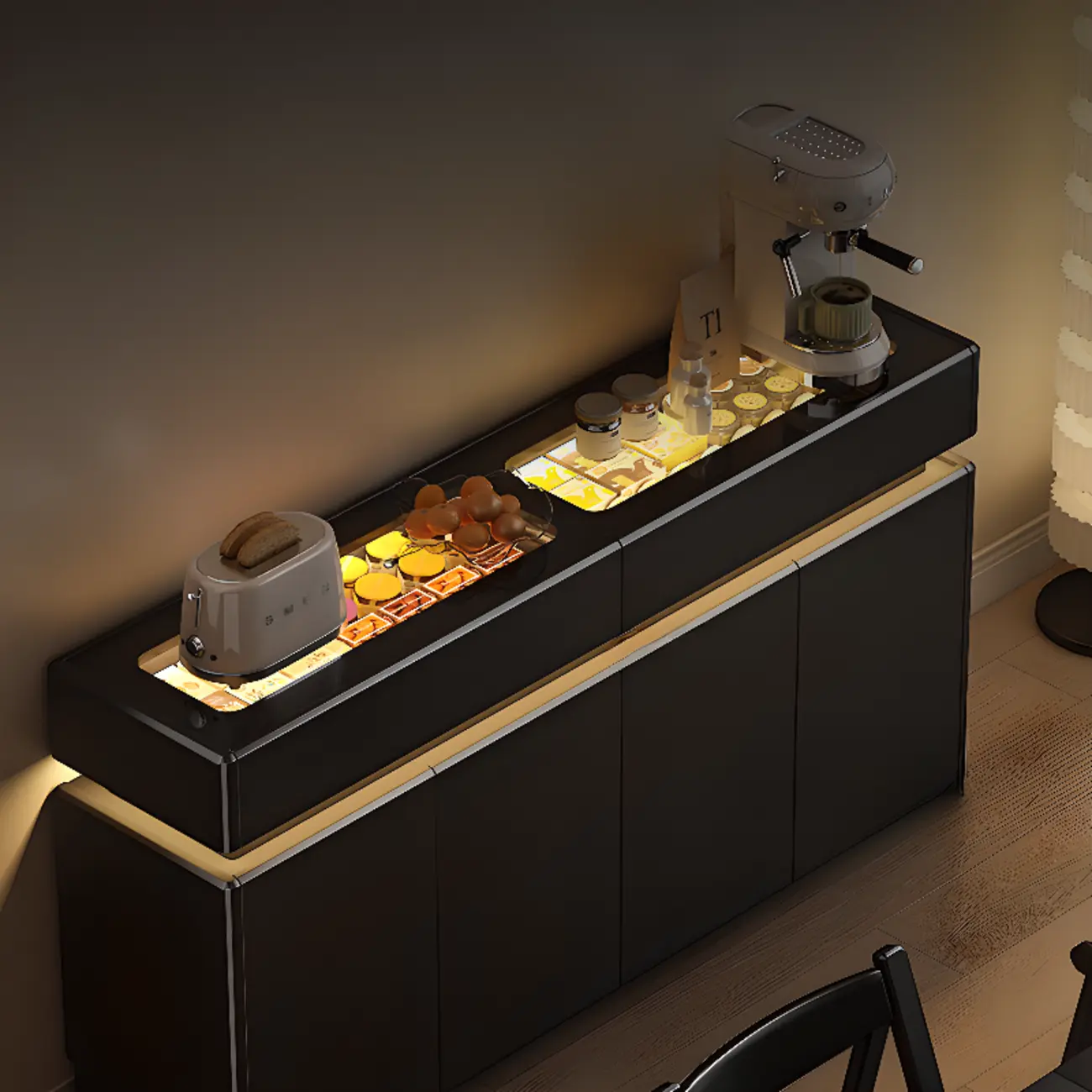 LED Light Wooden Glass Black Sideboard with Drawers Shelves