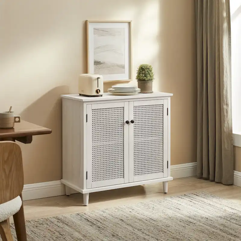 Natural Bamboo / Walnut Woven Rattan Accent Cabinet with Sliding or Standard Doors – Single Unit