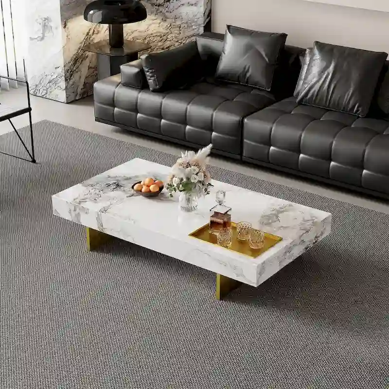 Modern 42 Faux Marble Square Coffee TableGlossy Sintered Stone Tabletop