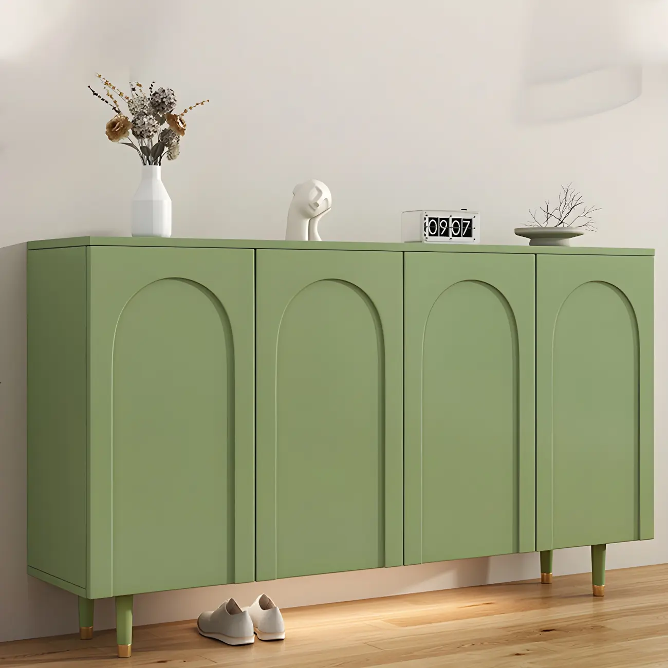 Green Wood Shoe Cabinet with Adjustable Shelves