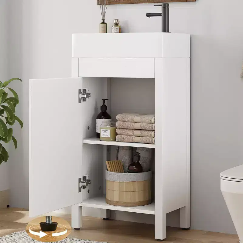 Space-Saving Modern Bathroom Vanity with basin - 16 Inch Freestanding Wooden Cabinet, Metal Handle, Farmhouse Style, Easy Assembly