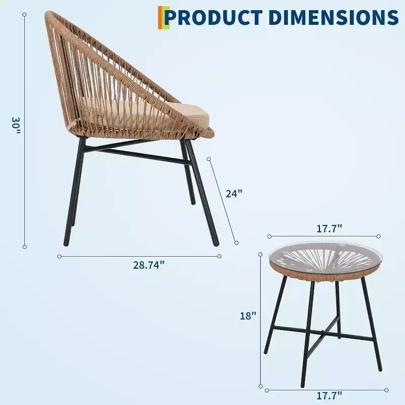 3-Piece Rattan Outdoor Bistro Set with Seat Cushions, 2 Chairs & Glass Coffee Table, Modern Wicker Lounge Furniture for Patio, Balcony, Brown