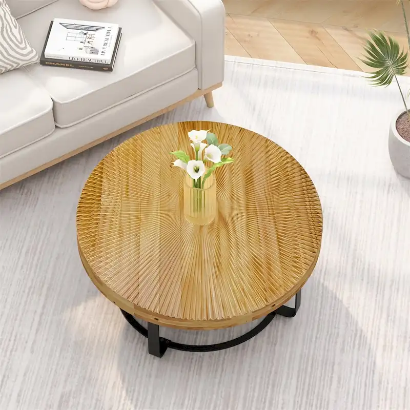 Round Wood Coffee Table with 6-Curved Metal Legs, Modern Style – Black / Gold